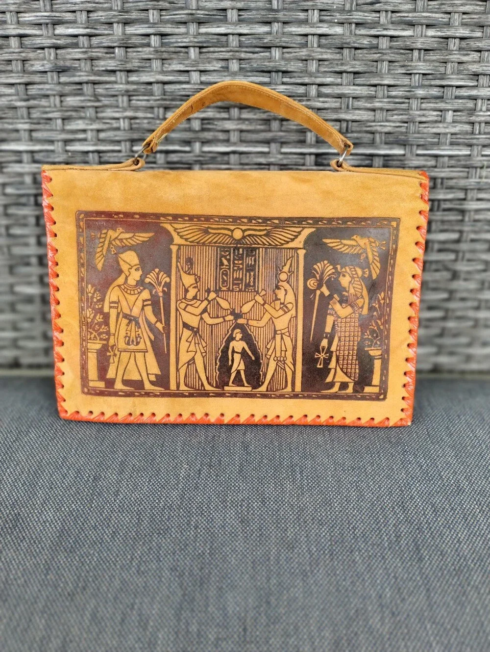Vintage Egyptian Revival Leather Handbag Camel Pharaoh Top Handle Purse 7
